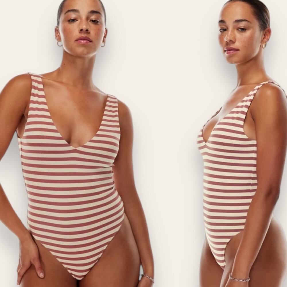 Aritzia Babaton Contour V-Neck Bodysuit Flax Beige Sun-Dried Red Large Women’s